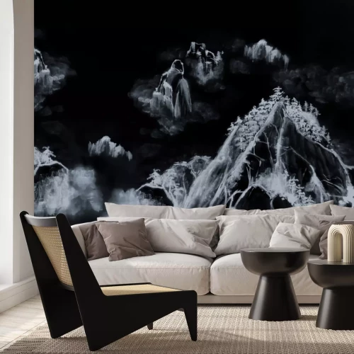 Fotobehang Schetsmatige tekening van bergen en bomen