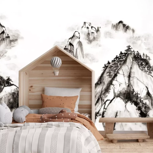 Fotobehang Schetsmatige tekening van bergen en bomen