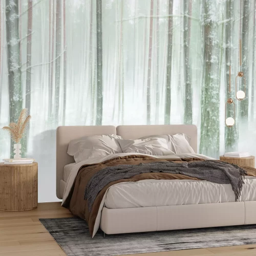 Fotobehang Boomstammen in een besneeuwd bos