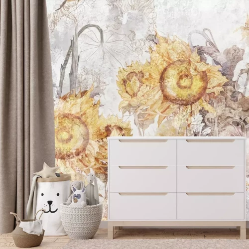 Fotobehang Zonnebloemen in een botanisch patroon voor de muur