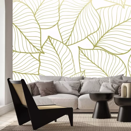 Fotobehang Schets van een gouden blad op een witte decoratieve achtergrond