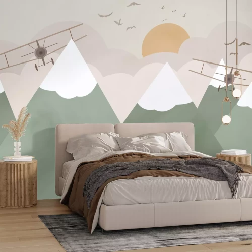 Fotobehang Vliegtuigen die tussen bergen en wolken vliegen