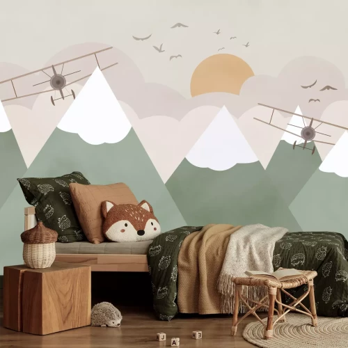 Fotobehang Vliegtuigen die tussen bergen en wolken vliegen