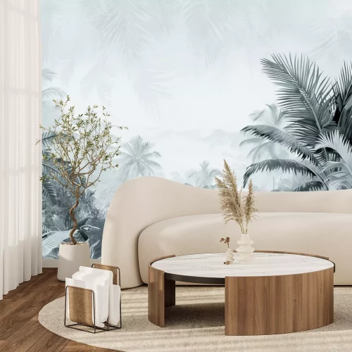 Fotobehang Zwart-wit panorama van een tropische jungle vol palmbomen