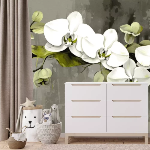 Fotobehang Geschilderde witte orchideeënbloemen