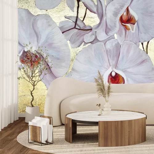 Fotobehang Geschilderde orchideeën op een goudkleurige achtergrond
