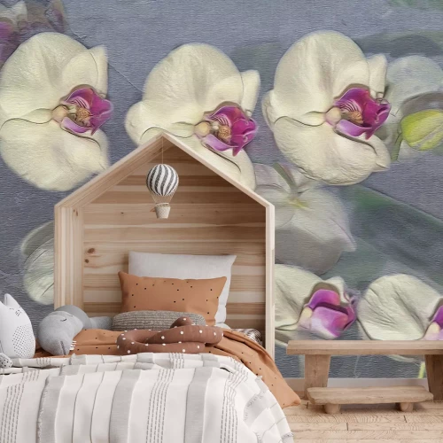 Fotobehang Vage orchideeënblaadjes op een grijze achtergrond