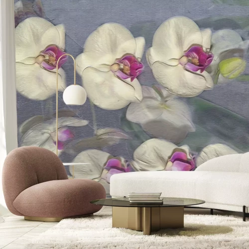 Fotobehang Vage orchideeënblaadjes op een grijze achtergrond