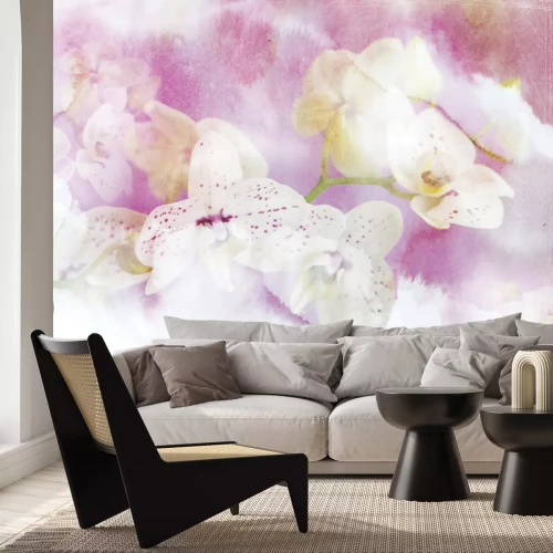 Fotobehang Geschilderde orchideeënbloemen in pasteltinten