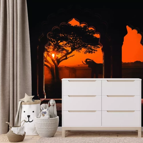 Fotobehang Bogen en olifanten bij zonsondergang