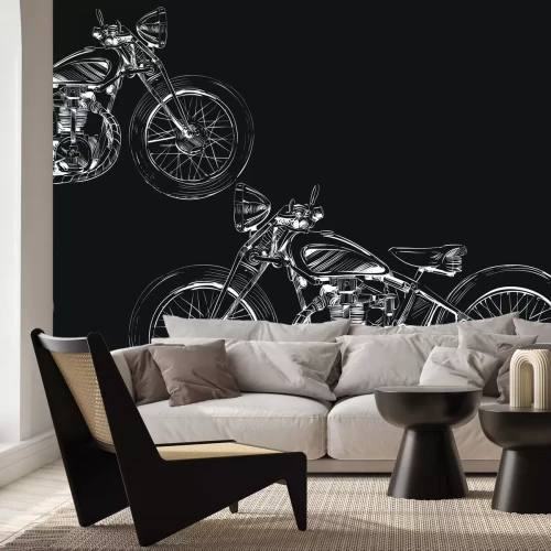 Fotobehang Witte schetsen van motorfietsen op een zwarte achtergrond
