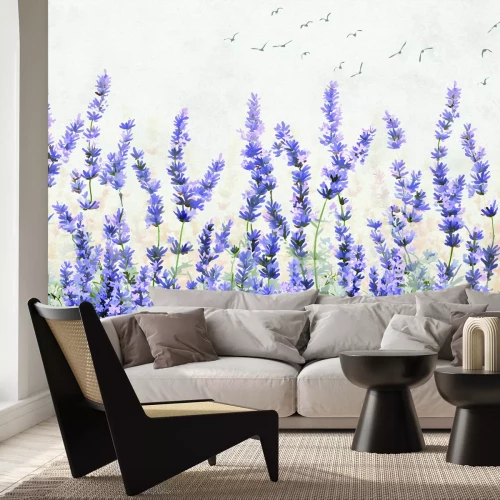 Fotobehang Lavendelbloemen en vogels op de achtergrond