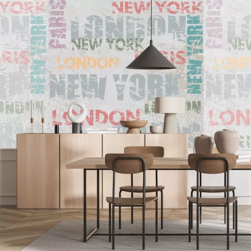 Fotobehang Kleurrijke stadsnamen Londen Parijs New York