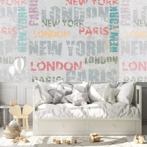 Fotobehang Kleurrijke stadsnamen Londen Parijs New York