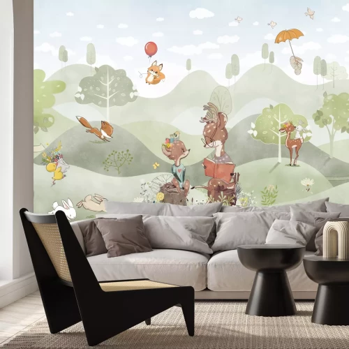 Fotobehang Een open plek met herten en vossen