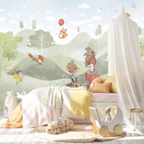 Fotobehang Een open plek met herten en vossen