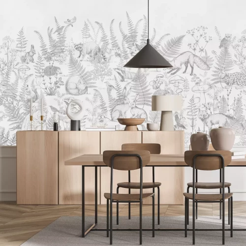 Fotobehang Zwart-wit tekening met dieren