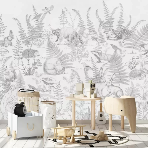 Fotobehang Zwart-wit tekening met dieren