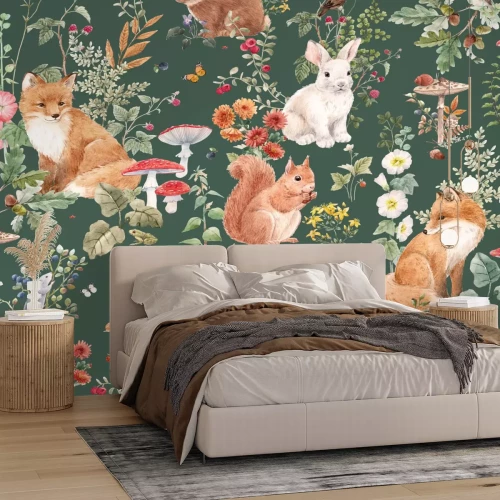 Fotobehang Plantenpatroon met paddenstoelen en vossen