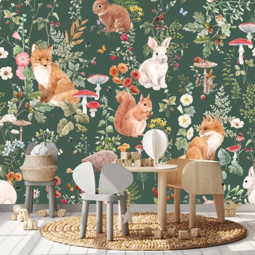 Fotobehang Plantenpatroon met paddenstoelen en vossen