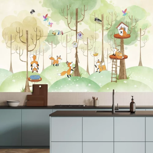 Fotobehang Vossen spelen in het bos met heuvels