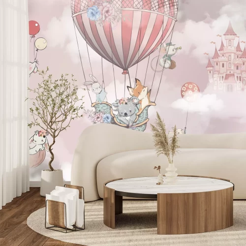 Fotobehang Vliegende vos met koala en haas in een ballon