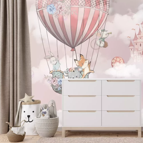 Fotobehang Vliegende vos met koala en haas in een ballon