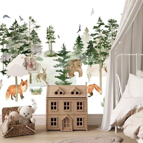 Fotobehang Aquarel bosdieren met vossen voor kinderen
