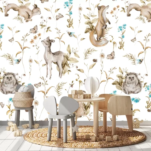 Fotobehang Bosdieren met vlinders en planten op een witte achtergrond