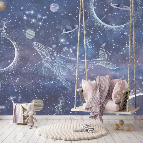 Fotobehang Een walvis in een abstracte ruimte