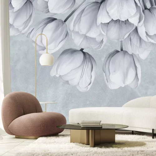 Fotobehang Tulpen hangen aan een betonnen muur