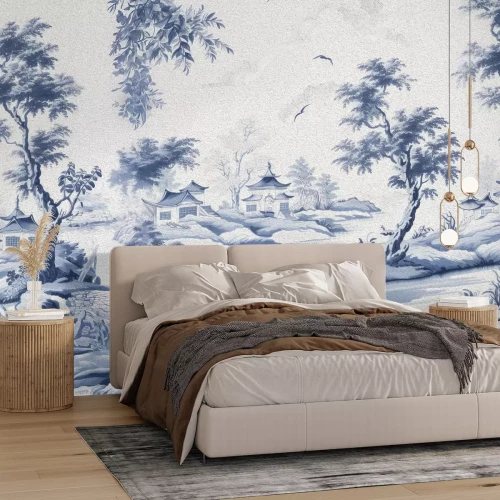 Fotobehang Blauw landschap van een Japans dorp