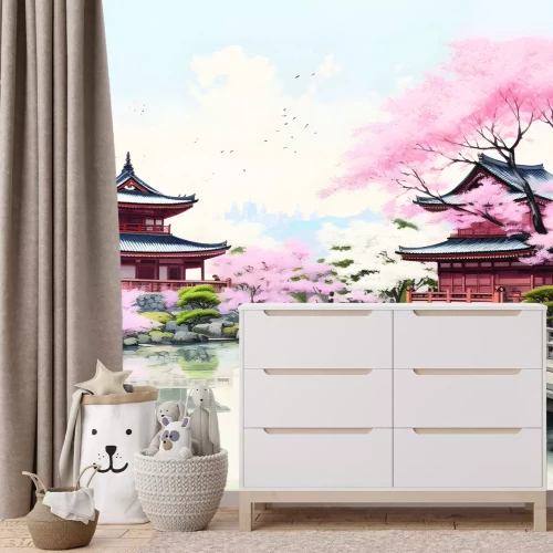 Fotobehang Geïllustreerd Japans landschap met traditionele huizen