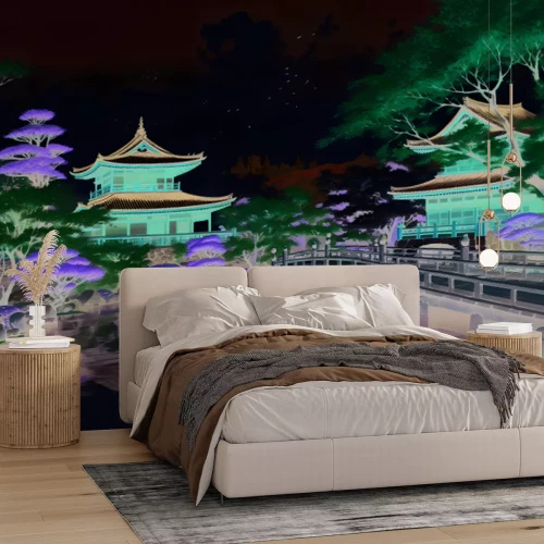 Fotobehang Geïllustreerd Japans landschap met traditionele huizen