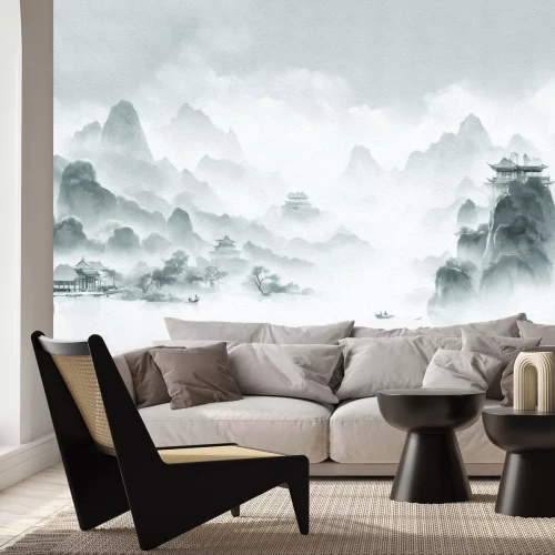 Fotobehang Zwart-wit aquarel van een Japanse bron in de bergen