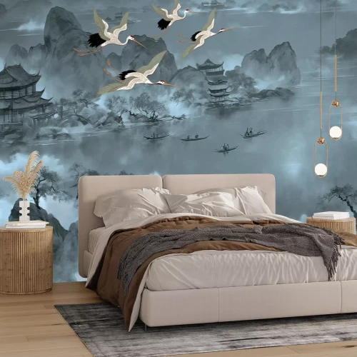 Fotobehang Japans landschap met pagodes, bergen en vliegende kraanvogels