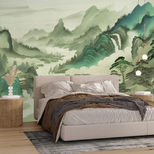 Fotobehang Aziatisch berglandschap geschilderd met een penseel