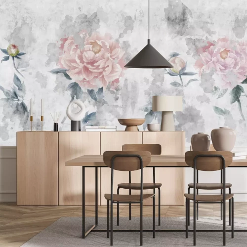 Fotobehang Roze aquarelbloemen op een grijze achtergrond