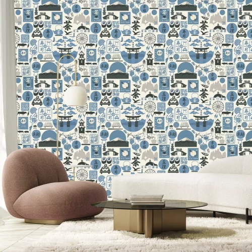 Fotobehang Aziatische symbolen in blauw