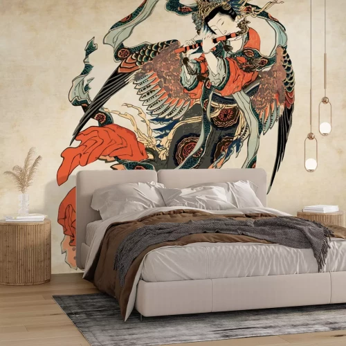 Fotobehang Japanse vrouw in traditioneel kostuum met een instrument