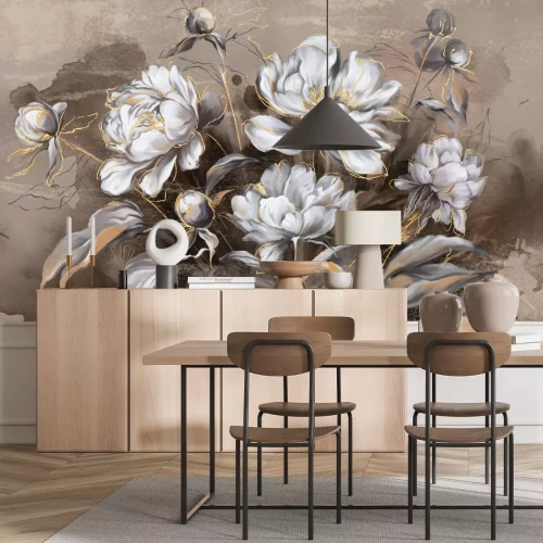 Fotobehang Witte bloemen op een vintage aquarelachtergrond