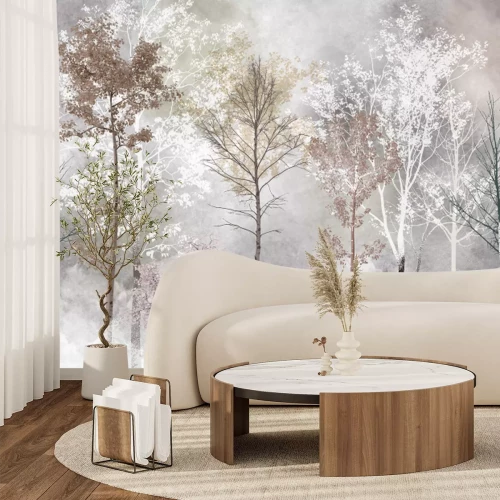Fotobehang Berkenbomen in de mist, een schilderachtig landschap