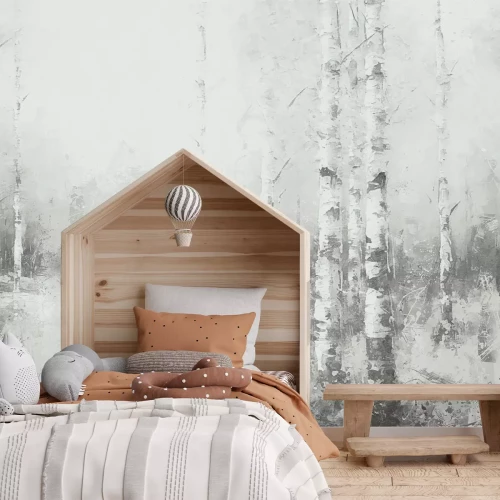 Fotobehang Aquarelstijl berkenboslandschap