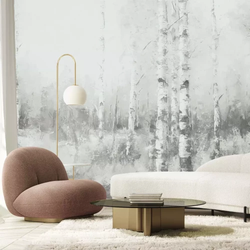 Fotobehang Aquarelstijl berkenboslandschap