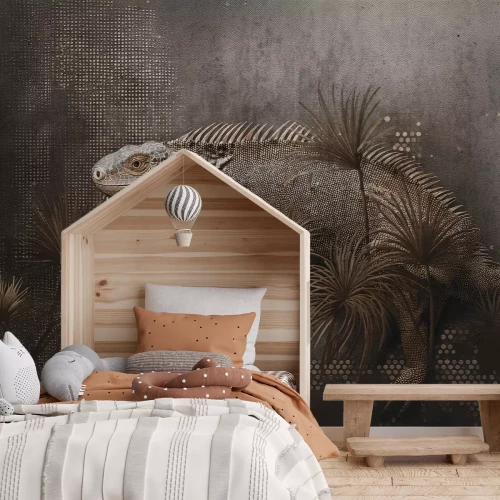 Fotobehang Kameleon en geometrische donkere achtergrond