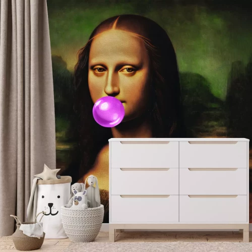Fotobehang Mona Lisa met roze kauwgom
