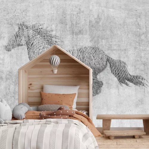 Fotobehang Een galopperend paard getekend met donkere lijnen op een grijze achtergrond