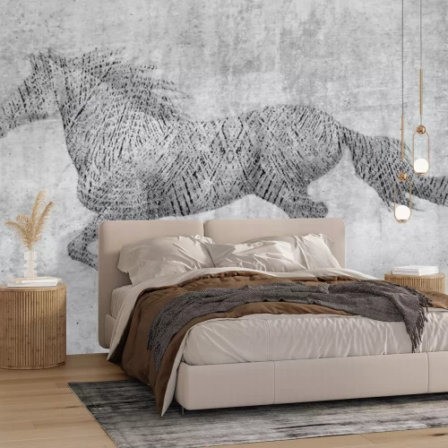 Fotobehang Een galopperend paard getekend met donkere lijnen op een grijze achtergrond