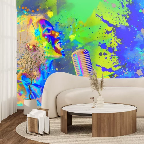 Fotobehang Kleurrijke illustratie van een vrouw die zingt met een microfoon