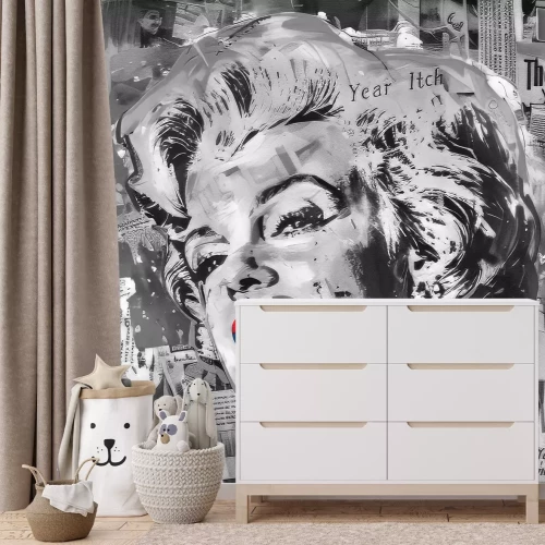 Fotobehang Collage met een portret van Marilyn Monroe tegen een achtergrond van kranten